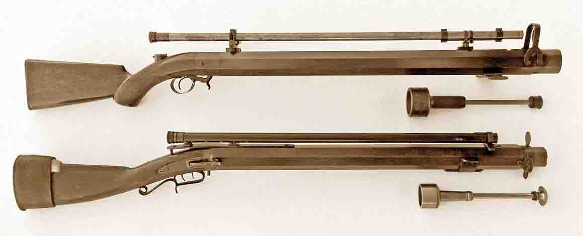 Horace Warner (top) and H.V. Perry (bottom) cross-patch target rifles.